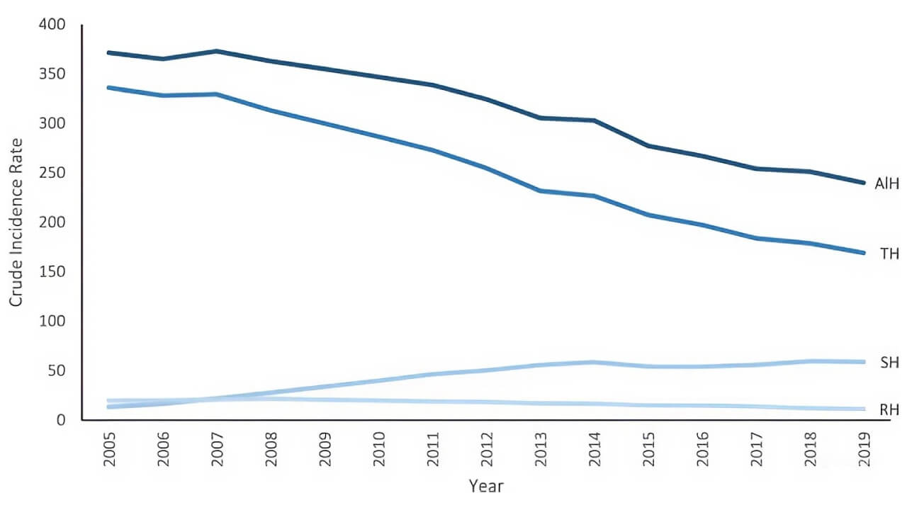Crude incidence rate of hysterectomies performed by type in Germany