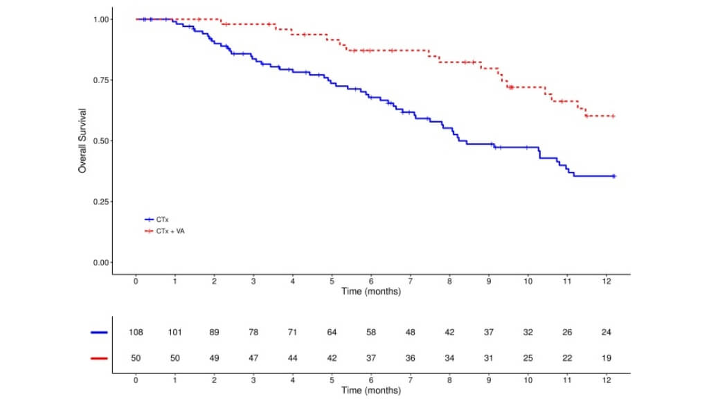 Kaplan–Meier survival curves displaying one-year survival in stage IV non-small cell lung cancer patients