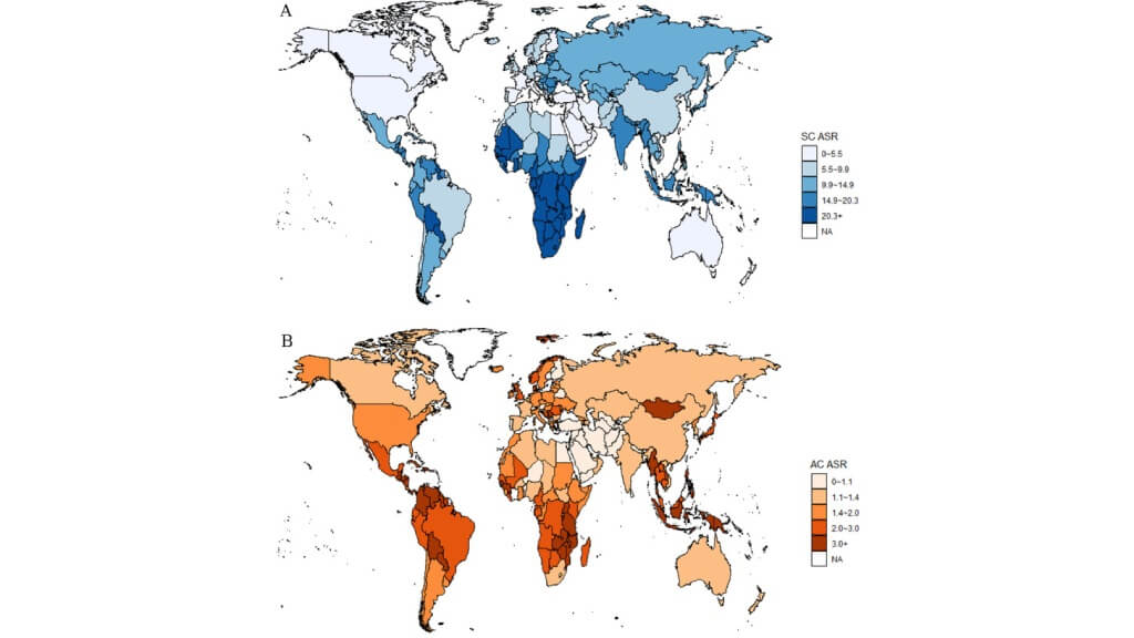 Age-standardized incidence rate of cervical cancer per 100,000 women-years. A - Squamous cell carcinoma (SCC); B - Adenocarcinoma (AC)