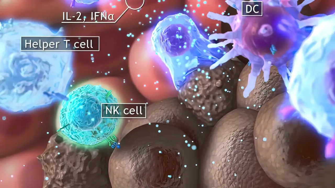 Systemic immune response: interaction of dendritic cells (DCs), T-helper cells and NK cells