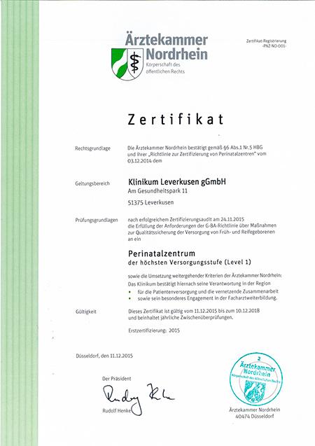 Zertifikat Perinatalzentrum Level 1 Klinikum Leverkusen