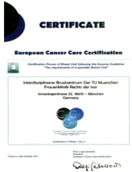Certificate Europeen Center Care Certification Klinikum rechts der Isar, Interdisziplinäres Brustzentrum