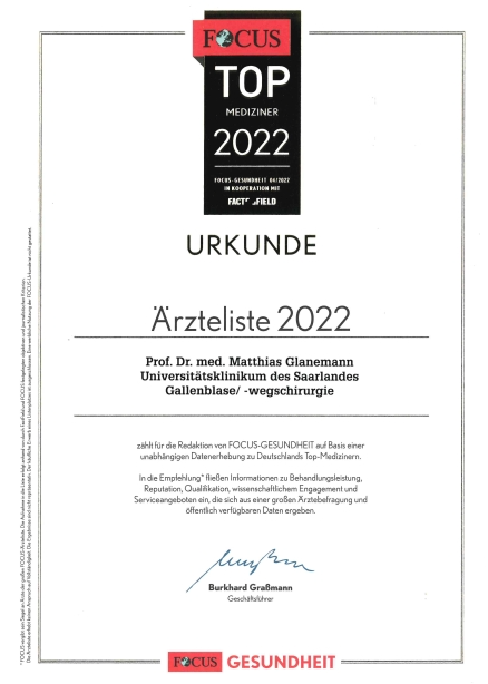 FOCUS Top Mediziner 2022 - Prof. Dr. Matthias Glanemann - Gallenblase/ - wegschirurgie