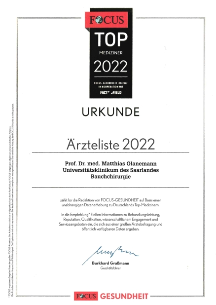 FOCUS Top Mediziner 2022 - Prof. Dr. Matthias Glanemann - Bauchchirurgie