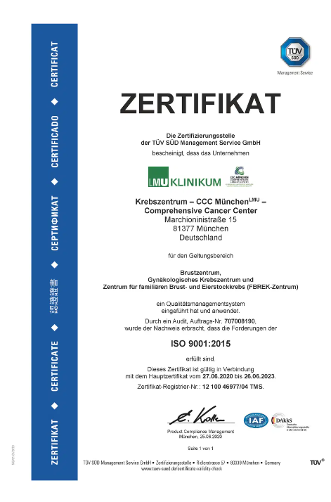 Zertifikat ISO 9001 2015-LMU Klinikum, Krebszentrum - CCC Mpnchen LMU - Comprehensive Cancer Center