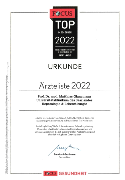 FOCUS Top Mediziner 2022 - Prof. Dr. Matthias Glanemann - Hepatologie & Leberchirurgie