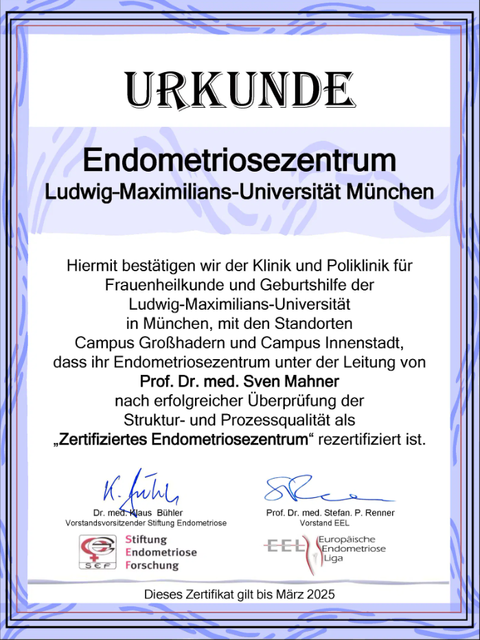 Urkunde Endometriosenzentrum LMU München - Prof. Dr. med. Sven Mahner