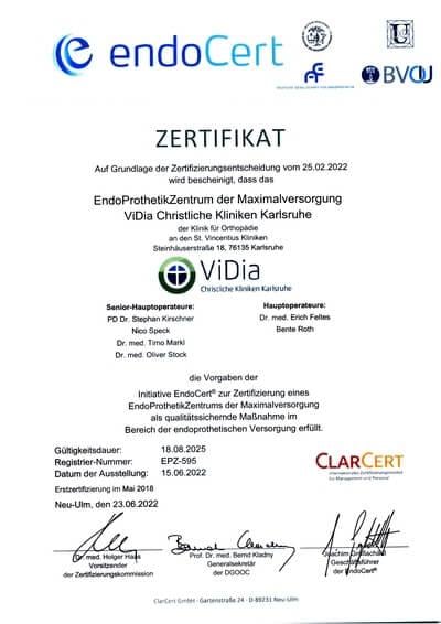 endoCert - Zertifiziertes EndoProthetikZentrum der MaximalVersorgung VIDia Christliche Kliniken Karlsruhe