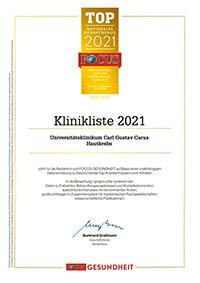 FOCUS Klinikliste 2021 Hautkrebs-Klinik und Poliklinik für Dermatologie-Universitätsklinikum Carl Gustav Carus Dresden
