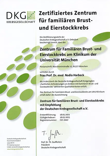 DKG Zertifiziertes Zentrum für familiären Brust- und Eierstockkrebs, LMU München