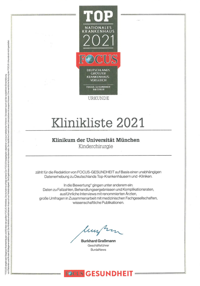 FOCUS Top nationales Krankenhaus 2021 Kinderchirurgie, Klinikum der Universität München