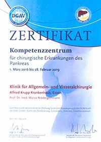 DGAV Zertifikat Kompetenzzentrum für chirurgische Erkrankung des Pankreas - Alfred-Krupp-Steele-Krankenhaus Essen