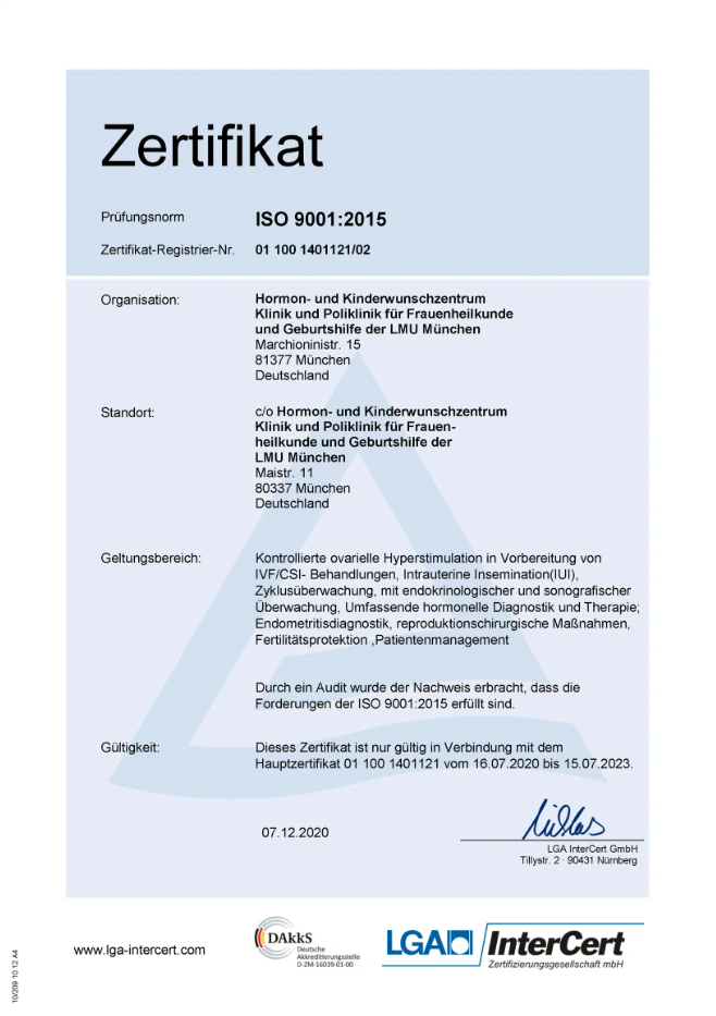 Zertifikat ISO 9001 2015-LMU Klinikum, Hormon- und Kinderwunschzentrum, Klinik und Poliklinik für Frauenheilkunde und Geburtshilfe der LMU München