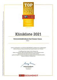 FOCUS Klinikliste 2021 Haut-Klinik und Poliklinik für Dermatologie-Universitätsklinikum Carl Gustav Carus Dresden