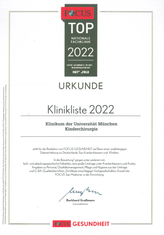 FOCUS Top nationale Fachklinik 2022 Kinderchirurgie, Klinikum der Universität München