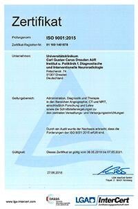 DIN EN ISO 9001:2015-Institut und Poliklinik für Diagnostische und Interventionelle Neuroradiologie-Universitätsklinikum Carl Gustav Carus Dresden