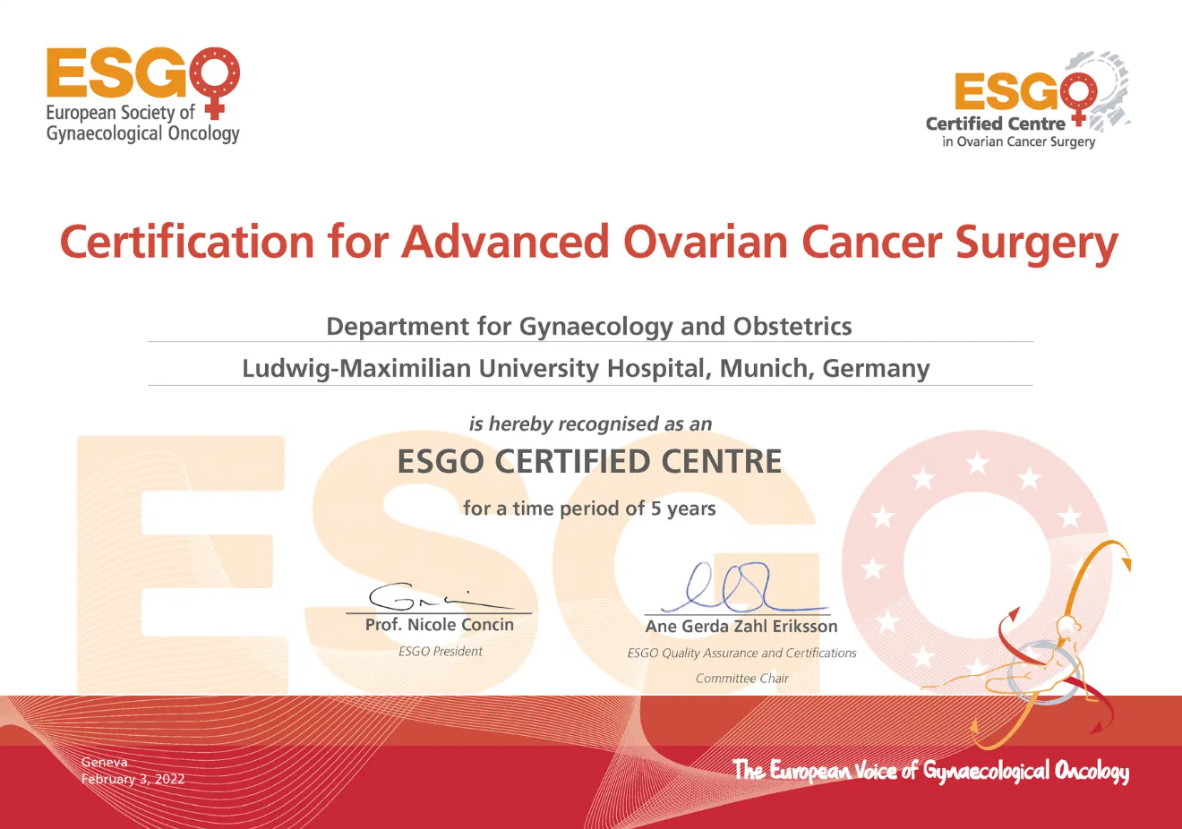 ESGO - Certification for Advanced Ovarian Cancer Surgery, LMU Frauenklinik