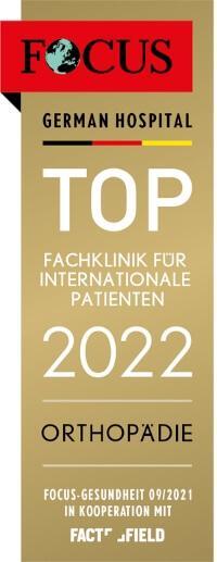 FOCUS Top Fachklinik für internationale Patienten 2022: Klinik für Orthopädie und Unfallchirurgie certificate